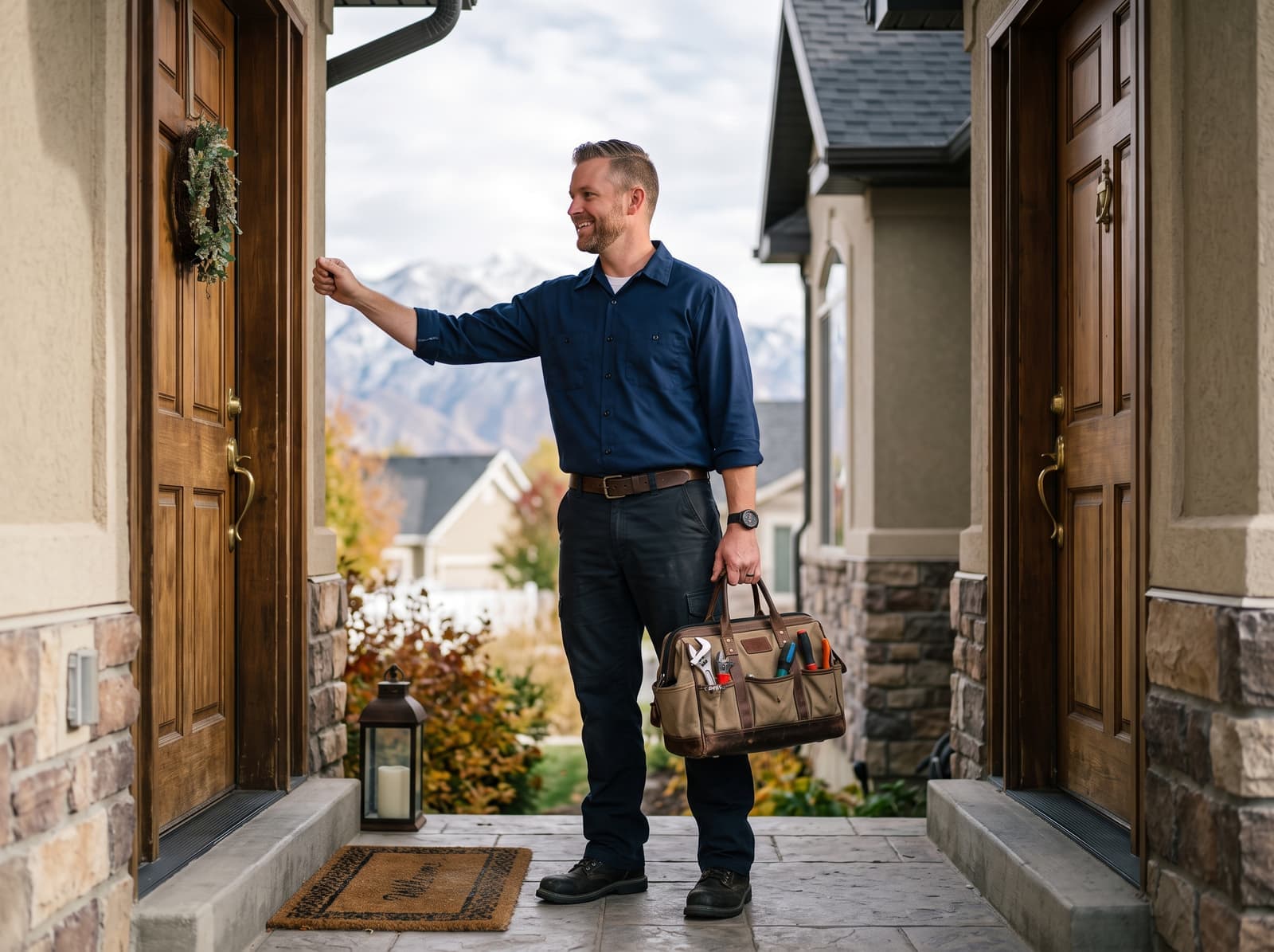 A Jetstar plumber arriving at a home's front door in Spanish Fork, UT