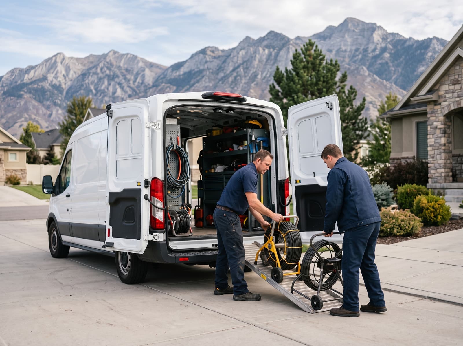 Jetstar technicians loading drain and sewer equipment into the service van in Eagle Mountain, UT
