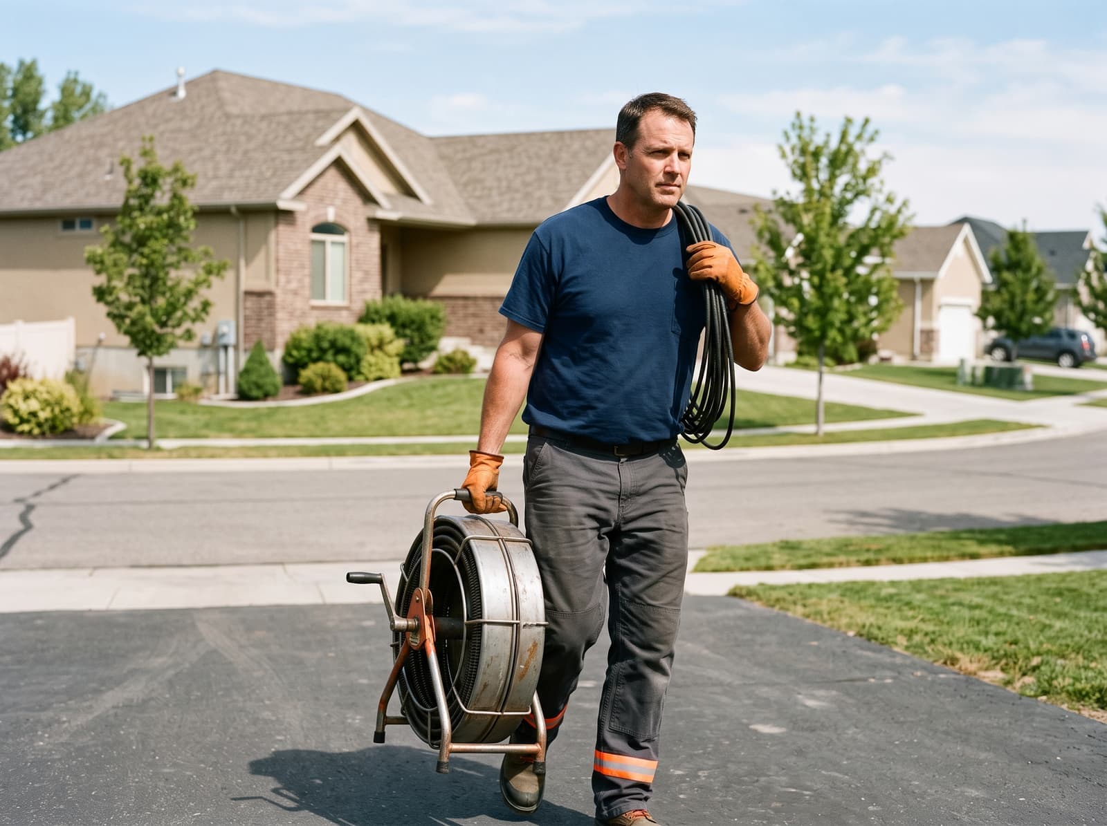 A Jetstar plumber carrying a drain machine up to a house in American Fork, UT