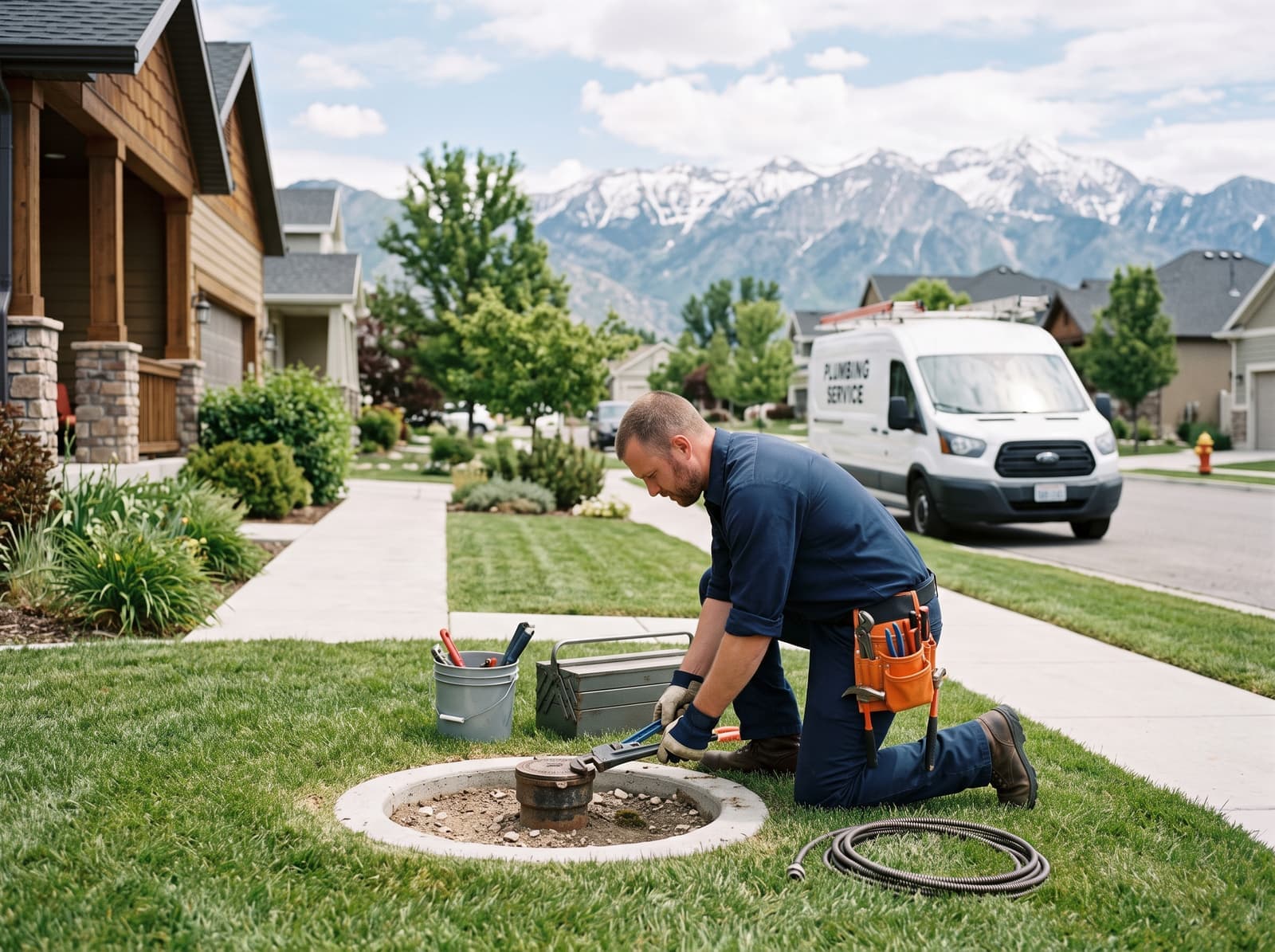 A Jetstar plumber working at an outdoor sewer cleanout in Lehi, UT