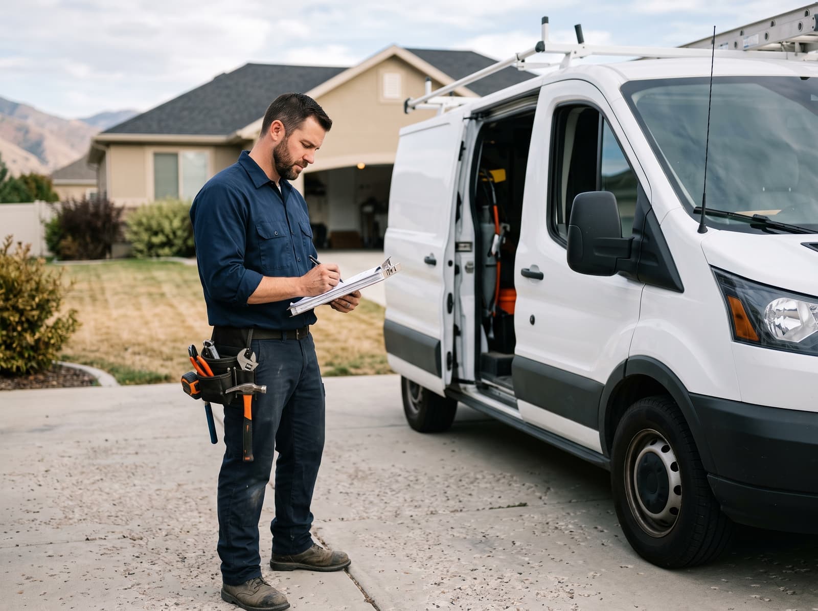 A Jetstar plumber finishing the paperwork after a service call in Springville, UT