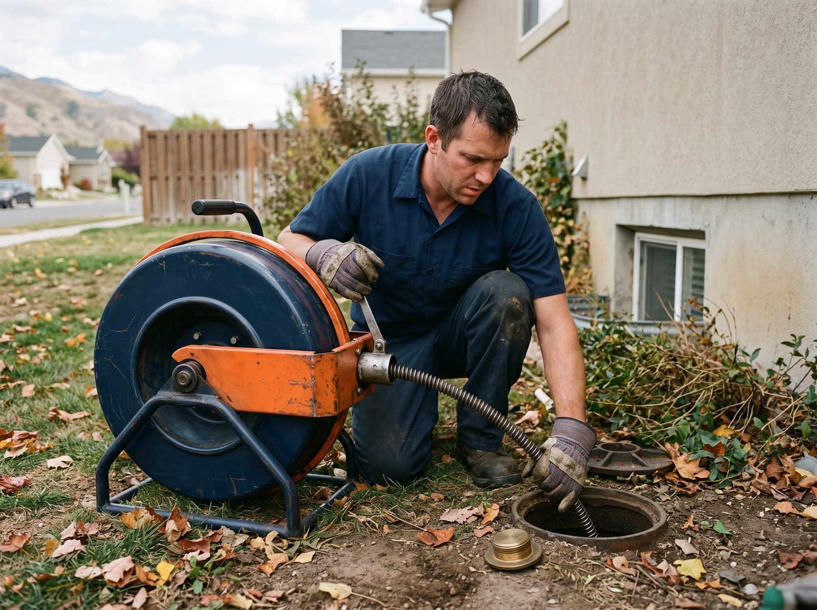 Running a sewer cable machine at a residential cleanout