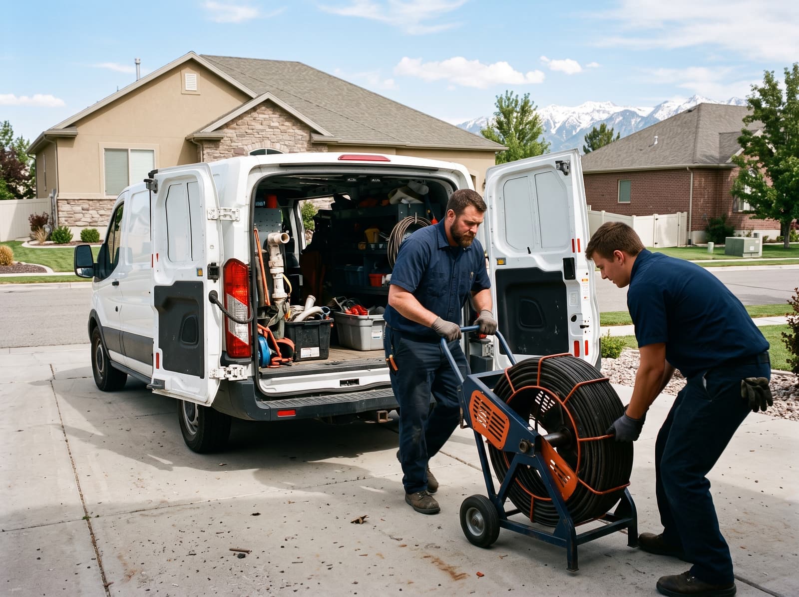 Unloading drain and sewer equipment from the service van