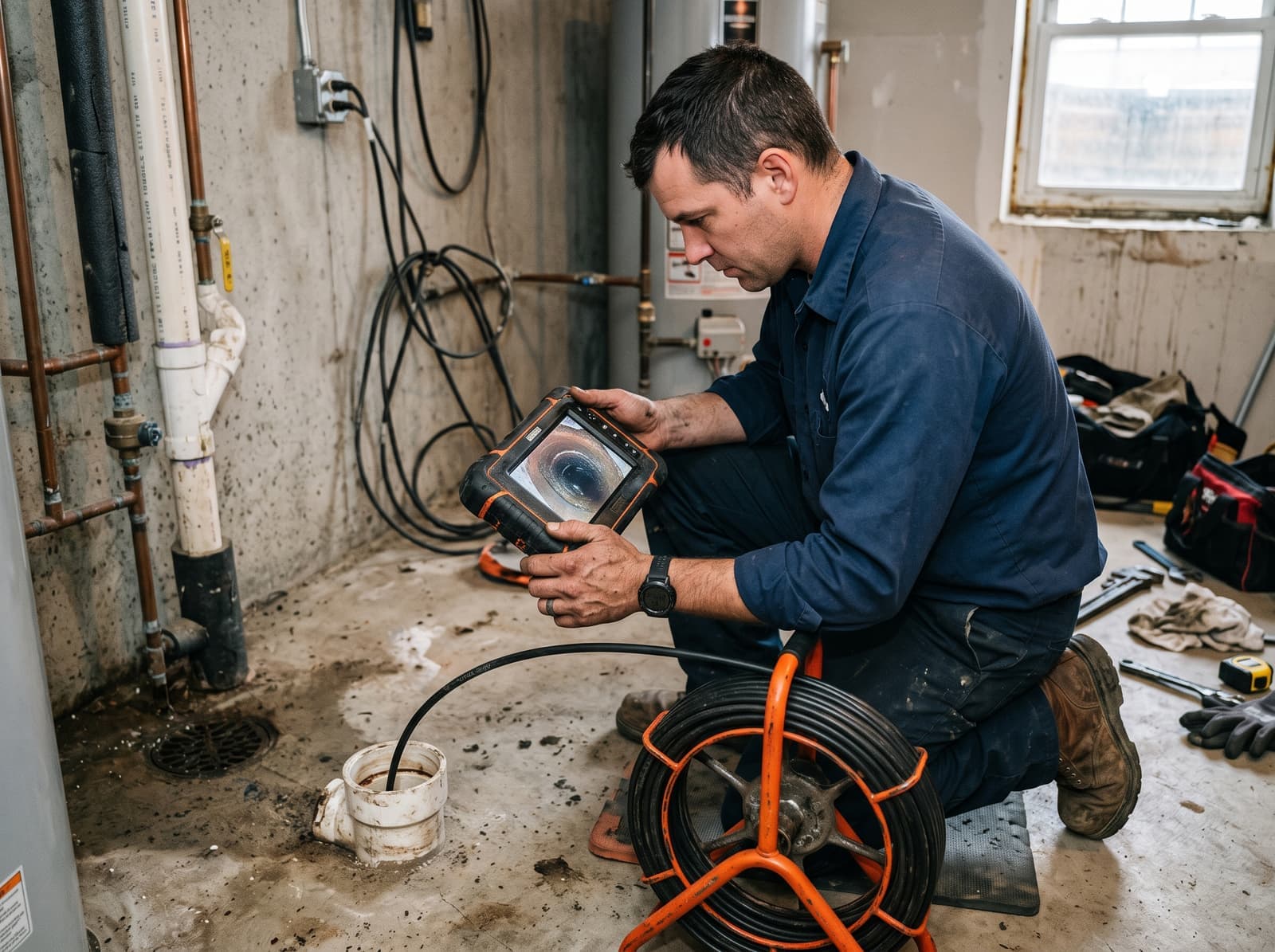 Sewer camera inspection at a floor cleanout