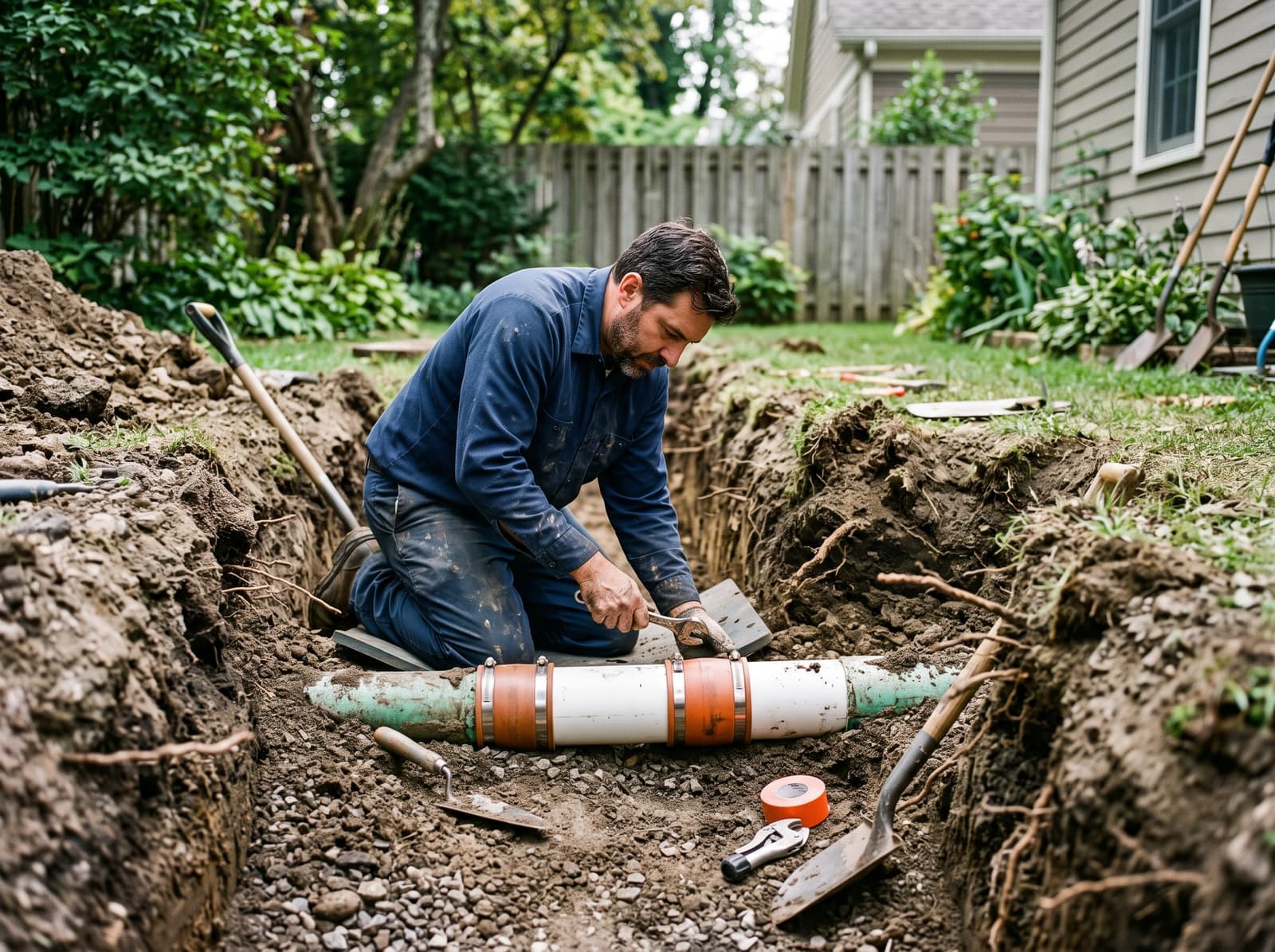Sewer line repair in an excavated trench