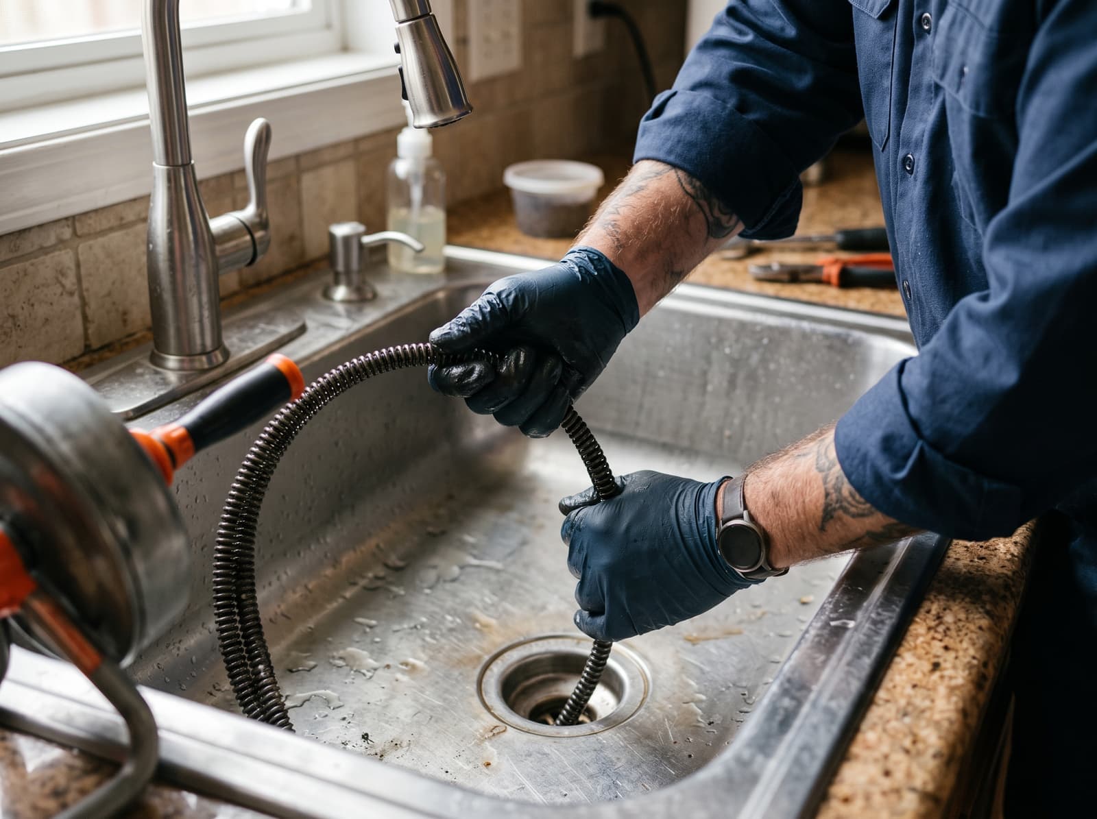 Technician operating professional drain cleaning equipment