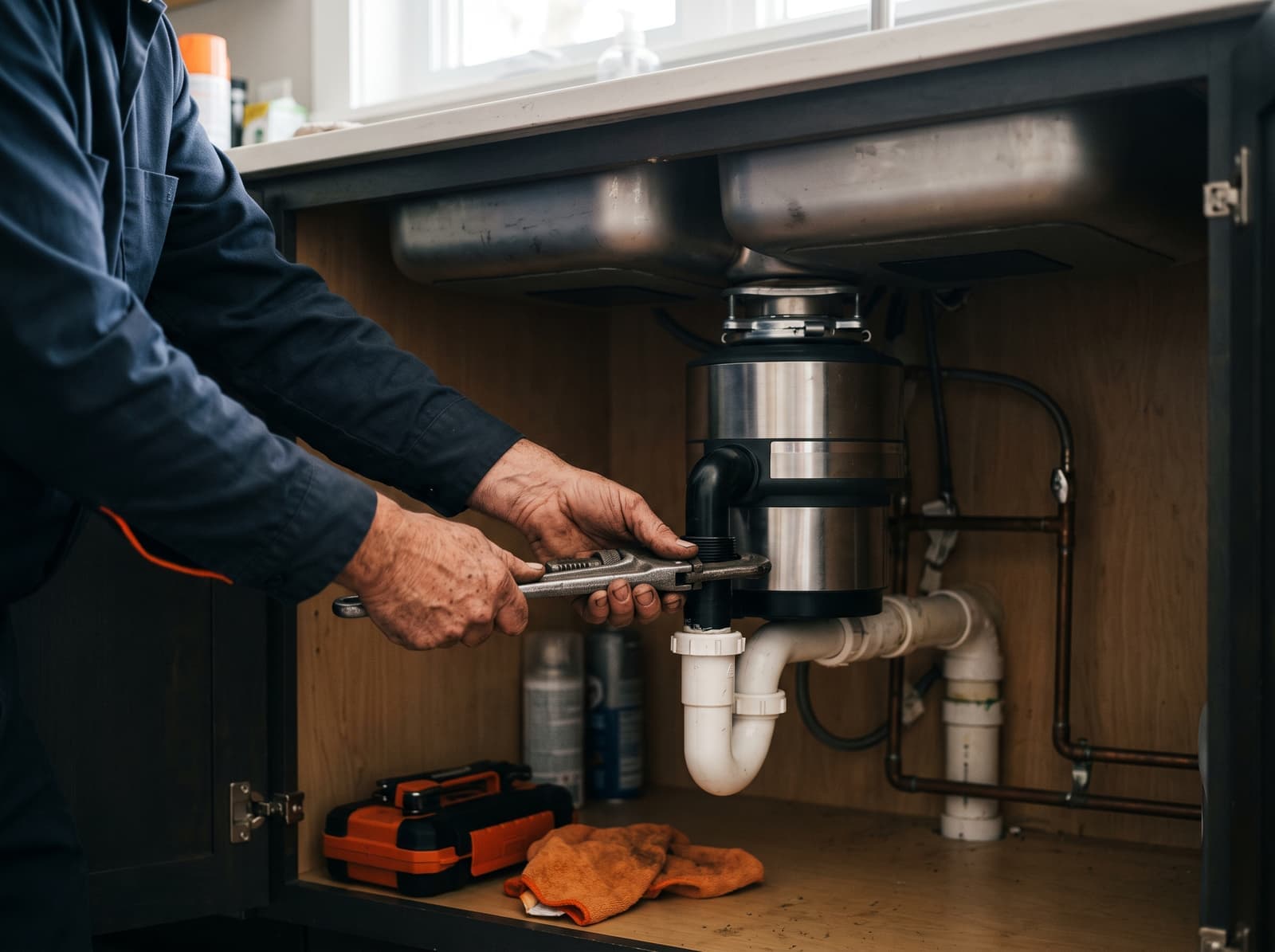 Kitchen sink plumbing and garbage disposal connections