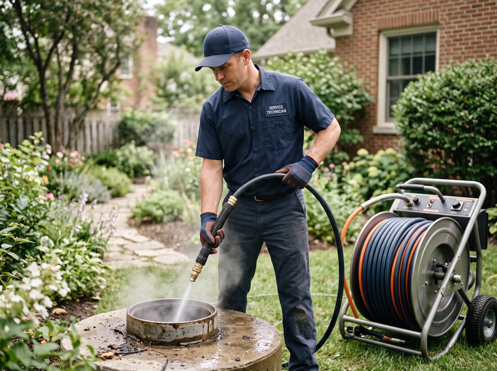Technician hydro jetting a sewer line through a manhole