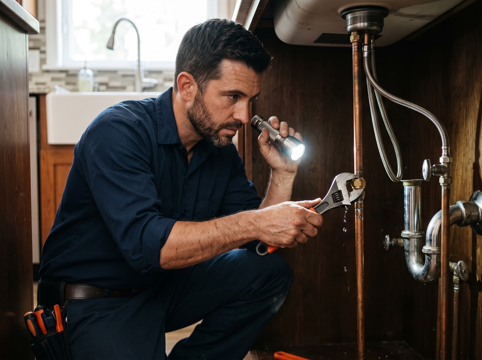 Licensed plumbing technician checking a water line for leaks