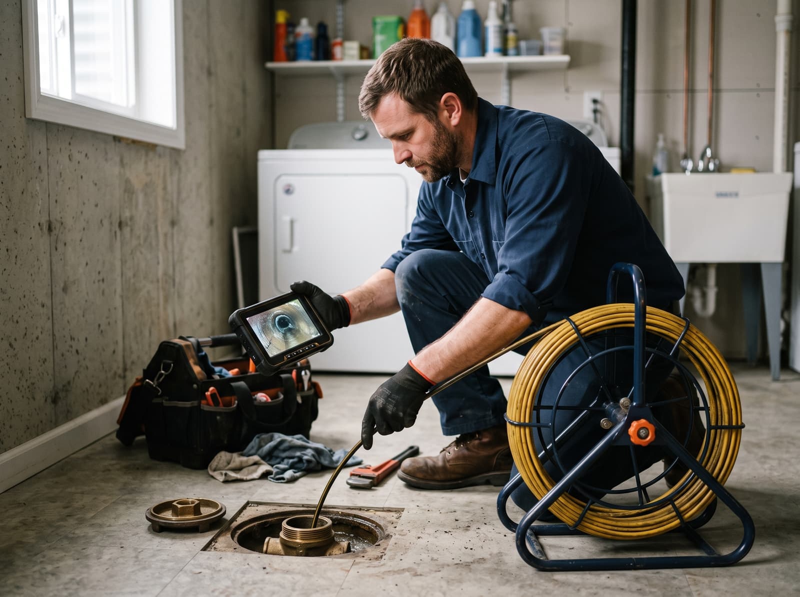 Technician using sewer camera inspection equipment at a manhole