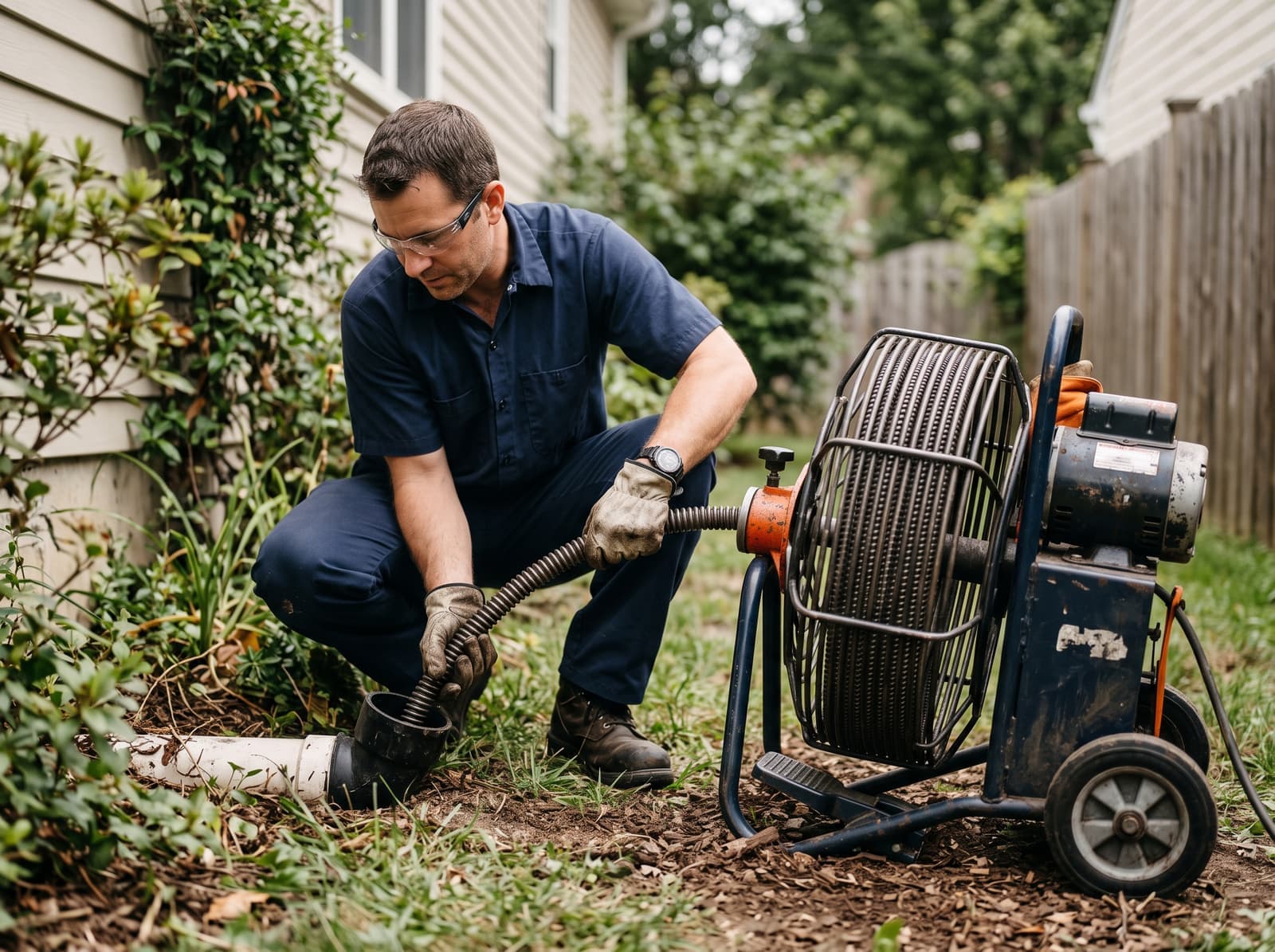 Professional equipment clearing a residential sewer line