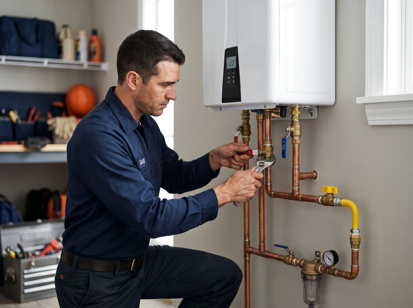 Wall-mounted tankless water heater with professional piping