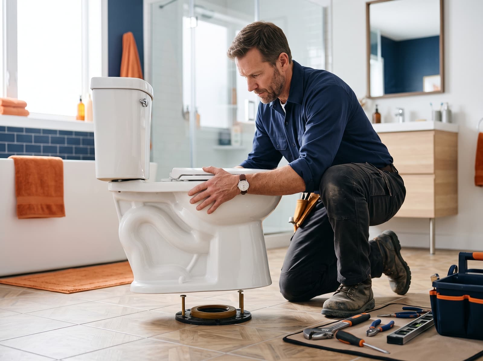 Bathroom plumbing prepared for professional toilet service
