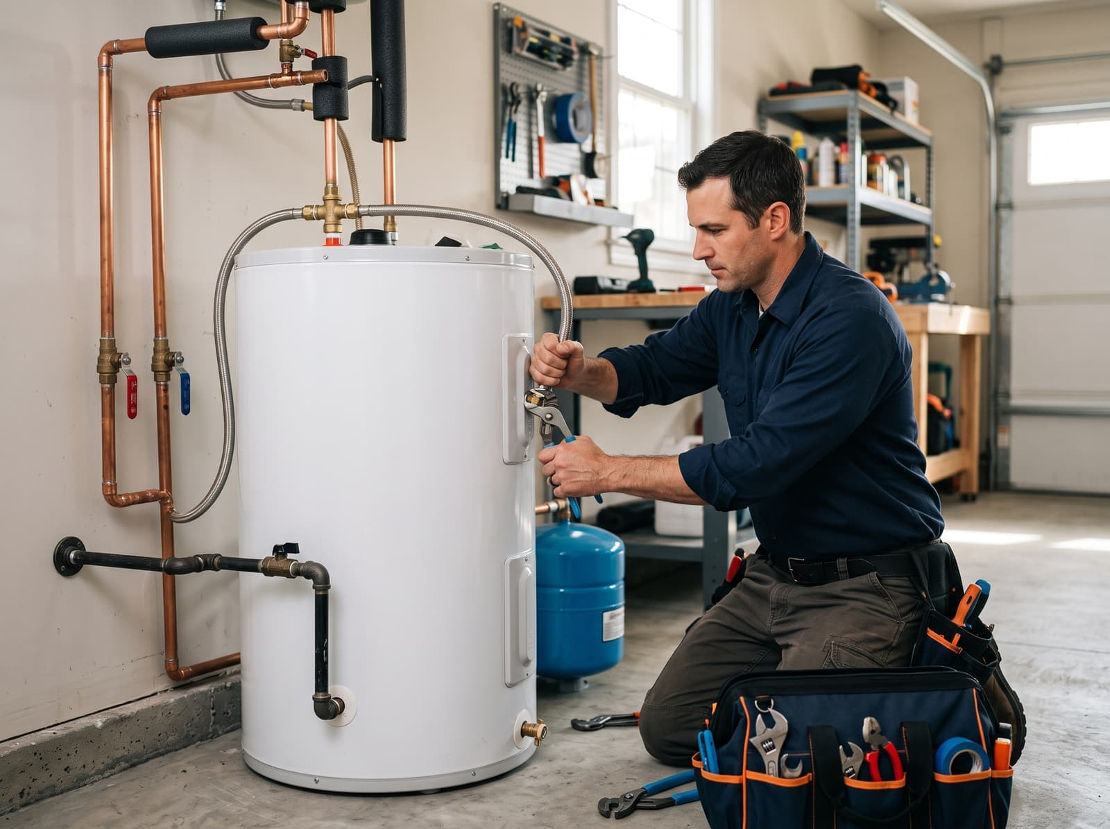 New tank water heater installed with professional plumbing connections