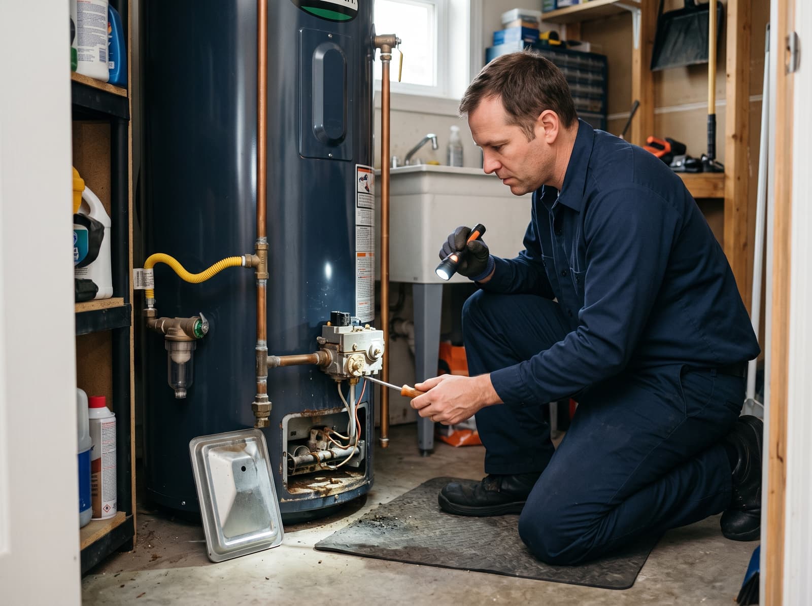 Plumbing technician inspecting a residential water heater