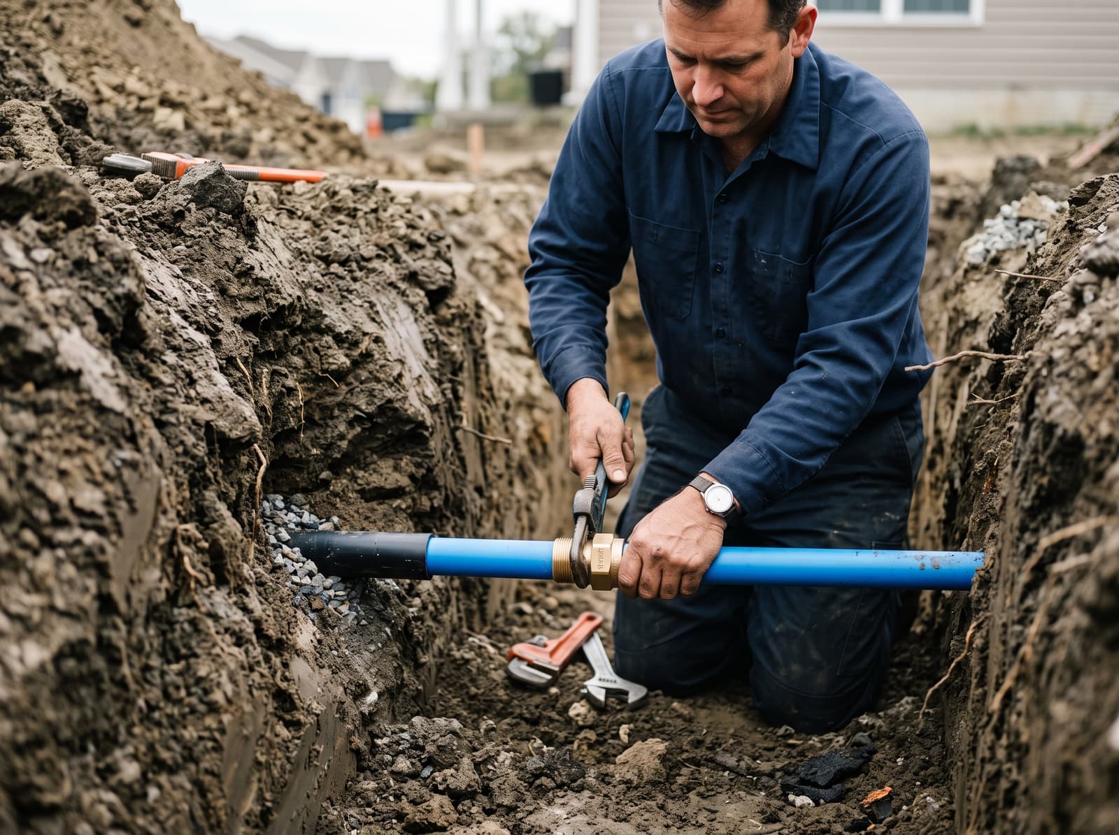 Excavation crew preparing underground water line repair